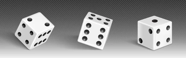 三维赌场游戏玩立方体滚动隔离矢量图标 白色现实赌博扑克吉祥正方形滚动与四个和两个 六个点的数字集 带有风险的随机赌博游戏娱乐玩具 — 图库矢量图片