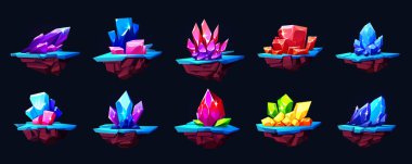 Sihirli oyun kristal yüzen taş ada vektörü. Gemstone ve elmas izole edilmiş clipart çizimi. Mineral yakut, safir ve ametist gui elementi ayarlandı. Siyah arkaplanda mücevher platformu