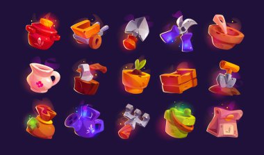 Bahçıvanlık ve çiftlik oyunu ikonları. Tarım ürünleri yetiştirmek için vektör ekipmanı - kap kacak, tohum torbası, kürek ve budama makası, kova ve sulama kutusu, ahşap kutu, el arabası, saksıda filizlenme