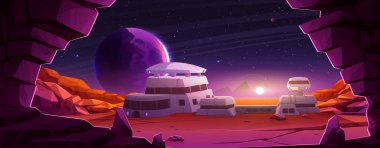 Sunset on alien planet space colony station. Mars observatory base building with exploration mission cartoon vector landscape. Futuristic cosmic desert terrain on outer red satellite expedition clipart