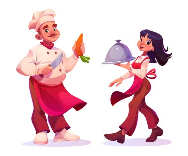 Şef, restoran mutfağında yemek pişiriyor ve garsonluk yapıyor. Bıçaklı, havuçlu şapkalı adam ve önlüklü kadın, vektör karikatür çizimi.