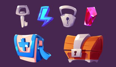 Game icon kit - cartoon assets of lock and key, blue lightning and pink gem stone, closed wooden chest box and first aid medicine bag. Vector illustration of gui elements and rpg trophy or rewards. clipart
