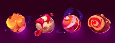 Arka planda izole edilmiş şeker gezegenleri. Tatlı dondurma, çikolata, karamel, lolipop, reçel ve jöle ile süslenmiş pasta toplarının vektör çizimi. Fantezi Şeker Diyarı elementleri