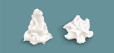 Arka planda izole edilmiş bir krem şanti seti. Pasta, pasta ya da kek için tatlı beyaz süslemenin vektör gerçekçi çizimi, yumuşak maringue köpüğü, fırında pişirilmiş tatlı için kremalı vanilya sosu