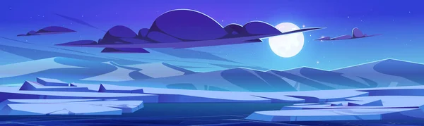 Winter night landscape with lake and ice, snowy mountains and big moon, stars and clouds in sky - cartoon vector illustration. Horizontal background in blue color