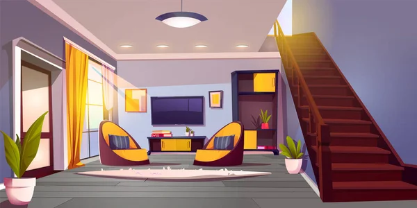 現代の家にテレビ付きのリビングルーム 家の内部のベクトル漫画のイラスト 木の床のアームチェアそしてカーペット テーブルの本 壁の絵フレーム 窓の朝の日光 — ストックベクタ