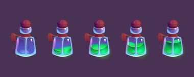 Oyun uygulaması animasyonu için kimyasal laboratuvar iksiri şişesi. Simyacı şişesi sıvı iksiri ya da panzehir için boş ve doldurucu sprite çarşaf. Sihirbaz Rpg arayüzü için fantezi simya çizim varlığı ayarlandı