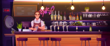 Pub or bar counter vector illustration background. Nightclub restaurant interior with stool, alcohol cocktail and barista man. Beer pump near neon signboard and male bartender. Party in night club clipart