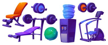 Beyaz arka planda izole edilmiş spor aletleri. Halter tezgahının vektör çizimi, stepper makinesi, dambıl, fitball, içme suyu ile soğutucu. Fitness merkezi tasarım elementleri