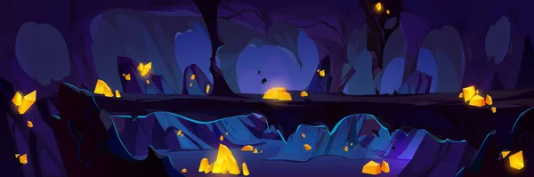 Peștera Întunecată Pereți Piatră Cristale Strălucitoare Aur Vector Desene Animate — Vector de stoc