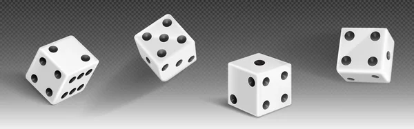 三维赌场游戏玩立方体滚动隔离矢量图标 白色现实赌博扑克吉祥正方形滚动与六 五和两个圆点数字集 带有风险的随机赌博游戏娱乐玩具 — 图库矢量图片