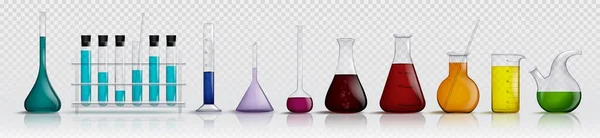 Szklane Laboratoryjne Kolby Pomiarowe Probówki Kolorowymi Cieczami Realistycznym Zestawie Ilustracji — Wektor stockowy