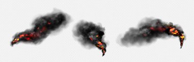 Şeffaf arkaplanda siyah duman bulutları olan ateş. Alevlerin koyu duman sütunlu gerçekçi vektör çizimi ya da toz ve parçacıkların patlaması ya da yanması sonucu oluşan sis..