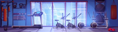 Teçhizatlı karikatür salonu, penceresinde yağmurlu şehir manzarası. Koşu bandı, elips, bisiklet makinesi, dambıl, fitbol, spor için kum torbası, spor aktivitesi olan fitness merkezinin vektör çizimi