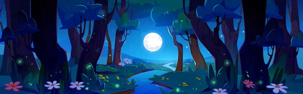 Nacht Wald Fluss Mit Vollmond Und Glühwürmchen Cartoon Naturlandschaft Hintergrund — Stockvektor