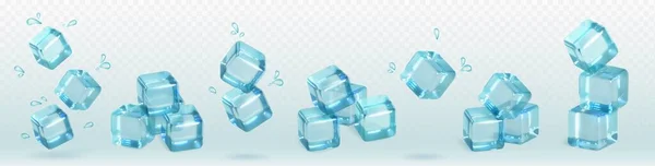 3D現実的な隔離された氷の立方体のカクテル ベクター 冷凍透明ガラスグループコレクション ドロップでセットされた氷河の正方形のピース パイル 凍結固体水ブロックの半透明な装飾的な構成 — ストックベクタ