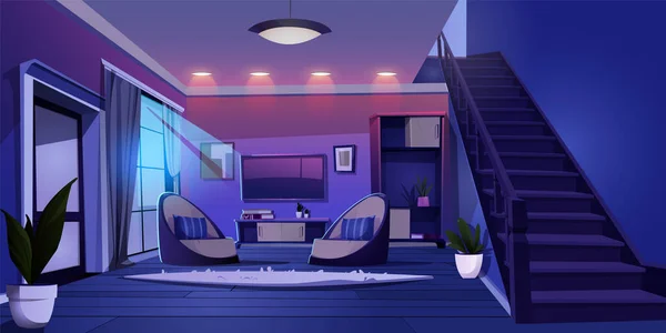 夜はテレビ付きのモダンなリビングルーム 家の内部のベクトル漫画のイラスト 木の床のアームチェアそしてカーペット テーブルの本 壁の絵のフレーム 窓の月明かり — ストックベクタ