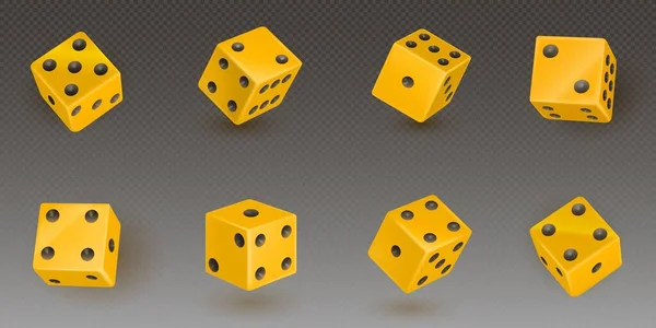 三维赌场游戏玩立方体滚动隔离矢量图标 黄色现实赌博扑克吉祥正方形滚动与五个和两个圆点的数字集 带有风险的黄金随机赌博游戏娱乐玩具 — 图库矢量图片