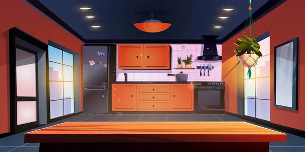 モダンな都市アパートメントのキッチンインテリア オレンジ色の家具と黒い家電 木製のテーブル 窓の朝の街並みの景色の広々としたダイニングルームのベクター漫画イラスト — ストックベクタ