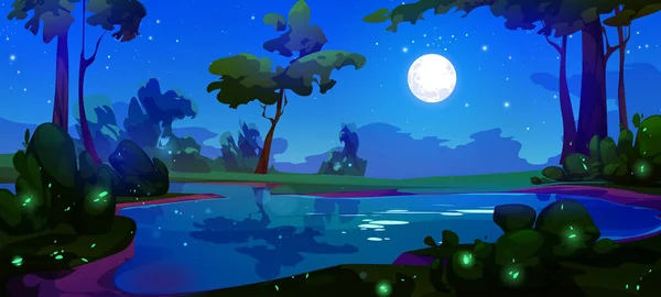 Mond Nachthimmel Über Dem Waldsee Cartoon Hintergrund Sternenreflexion Teichwasser Mit — Stockvektor