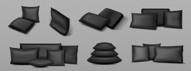 3D gerçekçi yatak yastığı izole edilmiş vektör modelleme şablonu. Konfor kare ve dikdörtgen yumuşak şekil dizaynı ön ve yan görünümü ile ayarlandı. İpek ya da saten ev yastığı kabarık yastık yığını.