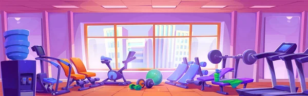 Gym interior with cardio and strength training equipment in front of large window. Cartoon vector sport club with treadmill, exercise bike, benches and dumbbells for healthcare and active lifestyle.