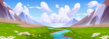 Dağ nehri doğa manzarası. Yeşil bahar vadisi, papatya çiçeği ve kayaların yakınında çimenler. Güzel açık hava macera Alpler çayır ve dere suyu ile çevre.