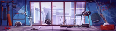 Spor aletleri ve spor aletleriyle terk edilmiş ve kapalı spor salonu. Çizgi film vektörü. Beden eğitimi malzemesi, dağınık çöp ve örümcek ağlarıyla parçalanmış fitness kulübü odası..