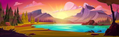 Güneşin doğuşu ya da batışı, kayalık dağlar, ağaçlı orman, köknar ve mavi su gölü. Bulutlu, turuncu ve kırmızı gökyüzünün çizgi film vektörü. Yaz ya da bahar sahnesi Ufukta ve nehirde tepeler.