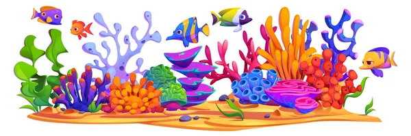 Underwater World Bright Seaweeds Corals Swimming Fishes Cartoon Vector Illustration — Stock Vector