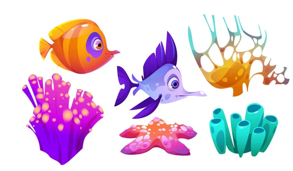 サンゴ礁 魚の漫画のベクターのイラストセット さまざまな明るい色の海洋や水族館の植物や動物 海と海の熱帯活気に満ちた生き物 水生生物 — ストックベクタ