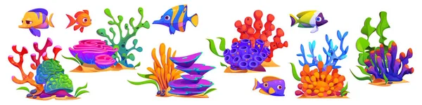 Conjunto Isolado Plantas Vectoras Algas Marinhas Corais Desenhos Animados Marinhos — Vetor de Stock