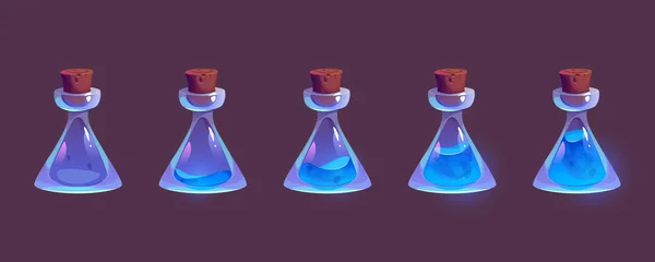 Glass Bottles Blue Magic Elixir Isolated Background Vector Cartoon Illustration — Stock Vector