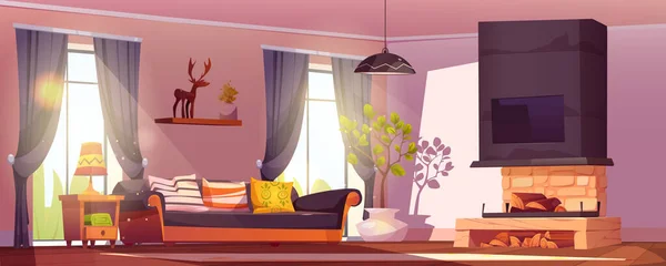 Wohnzimmer Interieur Mit Kamin Hause Cartoon Illustration Sofa Wandnähe Gemütlichen — Stockvektor