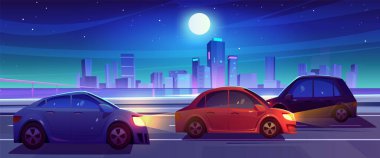 Trafik geçmişi olan Night City caddesi yolu. Neon gökdelen şehir manzarası ve gece yarısı yarış pistinde araç farları. Asfalt yolu şehir kıyı şeridi manzarası deniz suyu ve köprü ile