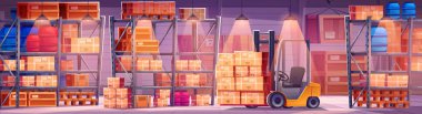 Fabrikanın içi ve kargo depolama vektör geçmişi. Forklift büfe hangarında bir kutu tutuyor. Çizgi film tasarımının içindeki lojistik depo. Raflarda konteynır bulunan resimli depo