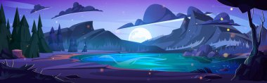 Night Forest Mountain Gölü çizgi film geçmişi. Yazın ay ışığının üzerindeki güzel vadide nehir suyu. Açık hava doğa parkı oyun ortamı gece illüstrasyonu. Gökyüzünde bulutlu dolunay