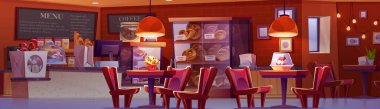 Pastanenin içi karşı çizgi film vektörüyle dolu. Rafta sergilenecek ekmek ve kek çeşitleri olan kafe bar. Restoran salonundaki masa ve sandalye. Vitrin raflarında hamur ürünü olan kantin