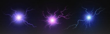 Gerçekçi çember elektrikli civata enerjisi patlaması. Arka planda izole edilmiş kıvılcım vektör etkisine sahip yıldırım topu. 3D gök gürültüsü boşalması. Mor, pembe ve mavi şimşek flaş neon lazer parıltısı