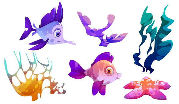 海底海藻植物 鱼类和珊瑚病媒 海洋藻类 草类和野生动物隔离卡通画植物群 海底热带水生装饰元素 有橙色 紫色和粉色 — 图库矢量图片