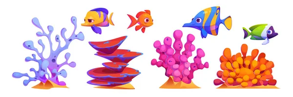 Підводні Рослини Тварини Водорості Кораловий Риф Риба Мультфільм Векторний Набір — стоковий вектор