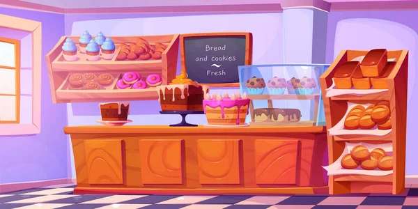 Bakery Shop Interior Cake Counter Cartoon Background Bread Bun Donut — Stock Vector