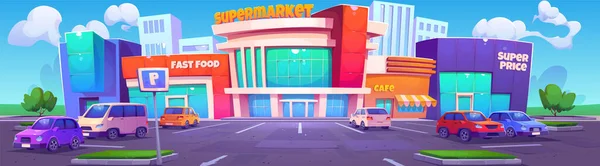 Estacionamento Com Autocarros Perto Supermercado Vetor Desenho Animado Ilustração Grande — Vetor de Stock