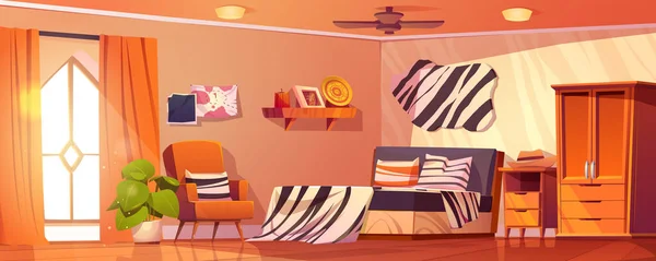Hotel Schlafzimmer Interieur Cartoon Hintergrund Vektor Zebradruck Decke Auf Bettmöbel — Stockvektor