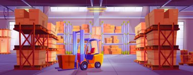 Depoda karton, tahta kutular, paletler, raflar ve raflar, elektronik forklift. Lojistik ve teslimat konseptine sahip deponun çizgi film vektörü