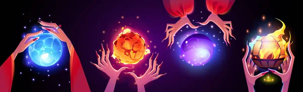 Magische Gloeiende Bal Voor Het Voorspellen Vrouwelijke Handen Van Waarzegster — Stockvector
