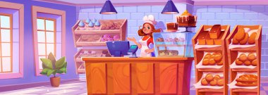 Pastanenin yanındaki kadın vektör karikatürü. Fırıncı, modern iç mekanlı, şekerleme kafeteryasında. Çörek, çörek, tatlı ve ekmek üretim kantini. Mutlu karakter sahneli.