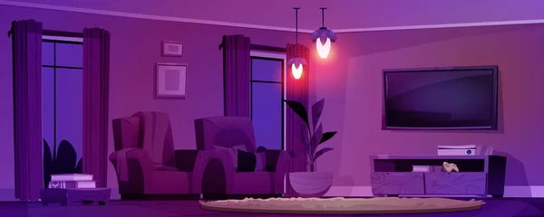 Domácí Obývací Pokoj Interiér Noci Karikatura Vektorové Pozadí Moderní Dům — Stockový vektor