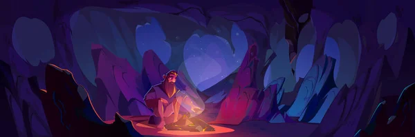 Man Sitting Bonfire Dark Cave Alone Vector Cartoon Illustration Bearded — Stock Vector