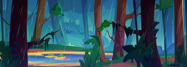 Rainy Landscape Water Lake Forest Cartoon Vector Illustration Green Trees — Stock Vector
